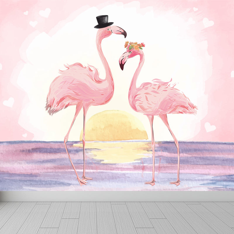 Stand-Up Flamingo Mural Decal Light Color Contemporary Wall Covering for Dining Room Light Pink Clearhalo 'Wall Decor' 'Wall Mural' 1647369