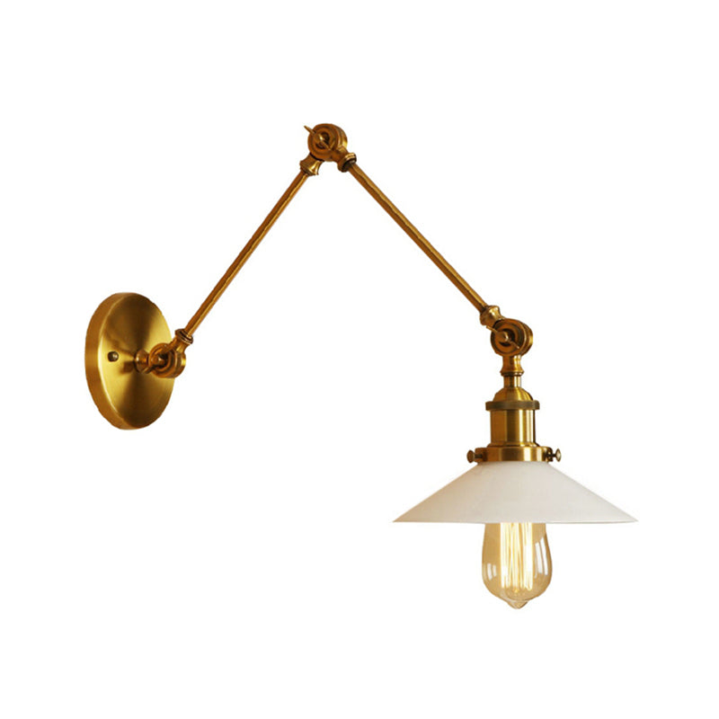 White Glass Brass Wall Sconce Lighting Cone 1-Light Industrial Light Fixture for Bedroom Clearhalo 'Art deco wall lights' 'Cast Iron' 'Glass' 'Industrial wall lights' 'Industrial' 'Middle century wall lights' 'Modern' 'Rustic wall lights' 'Tiffany' 'Traditional wall lights' 'Wall Lamps & Sconces' 'Wall Lights' Lighting' 164738
