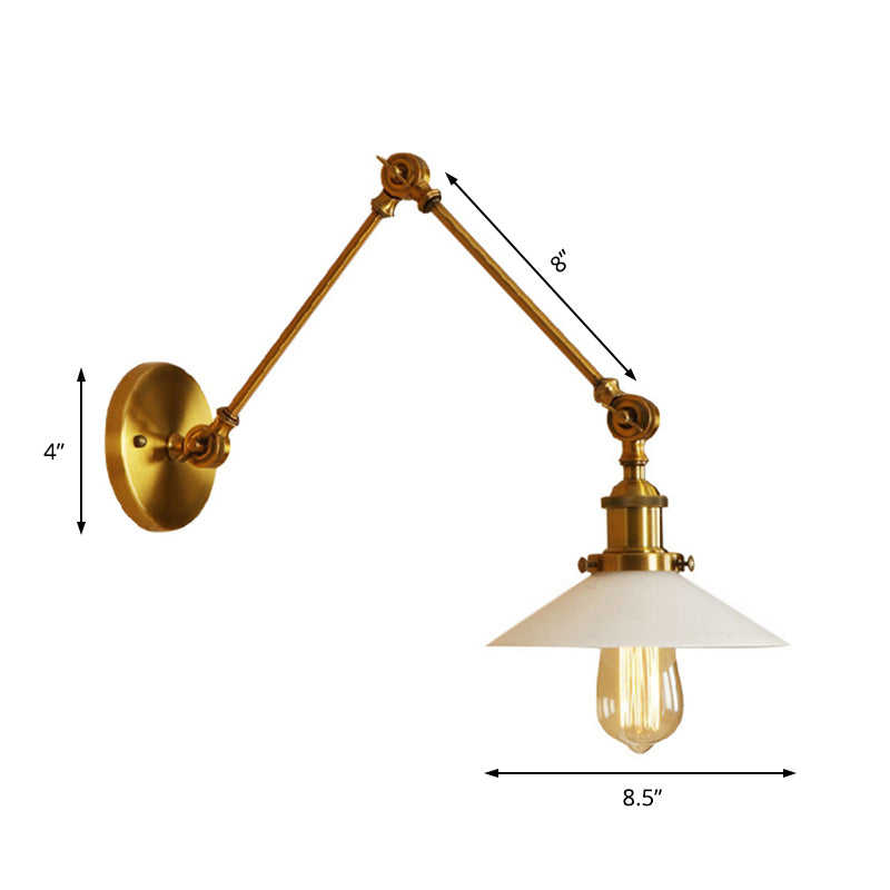 White Glass Brass Wall Sconce Lighting Cone 1-Light Industrial Light Fixture for Bedroom Clearhalo 'Art deco wall lights' 'Cast Iron' 'Glass' 'Industrial wall lights' 'Industrial' 'Middle century wall lights' 'Modern' 'Rustic wall lights' 'Tiffany' 'Traditional wall lights' 'Wall Lamps & Sconces' 'Wall Lights' Lighting' 164739