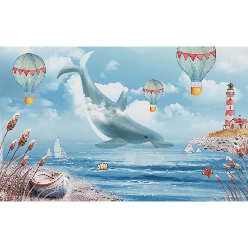 Whale and Sea Mural Decal Pastel Color Children's Art Wall Covering for Kids Room Clearhalo 'Wall Decor' 'Wall Mural' 1647991