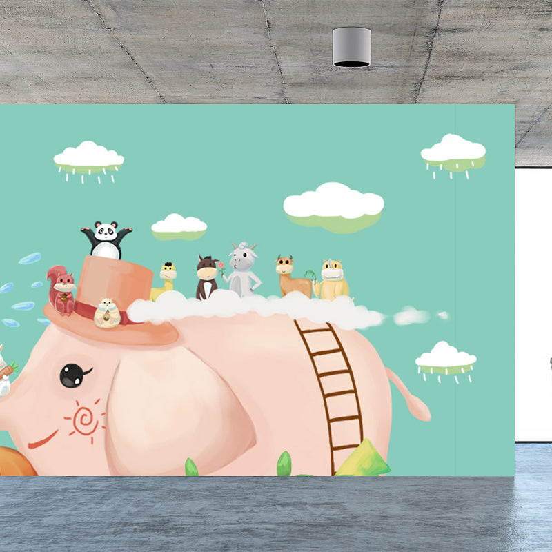 Illustration Cartoon Animals Wall Mural for Kids Bedroom, Pastel Color, Made to Measure Clearhalo 'Wall Decor' 'Wall Mural' 1648064