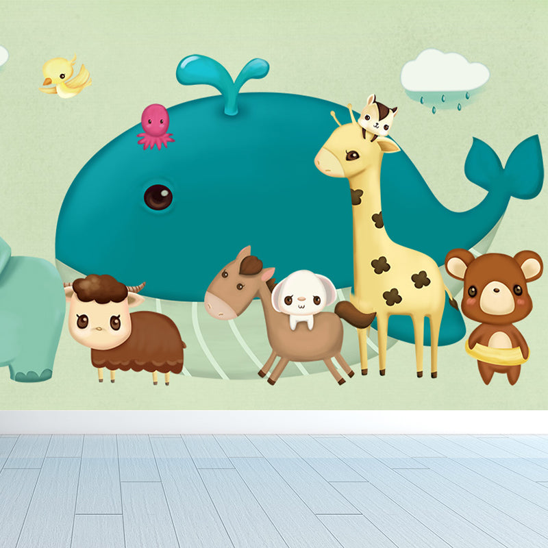 Illustration Cartoon Animals Wall Mural for Kids Bedroom, Pastel Color, Made to Measure Blue Clearhalo 'Wall Decor' 'Wall Mural' 1648073