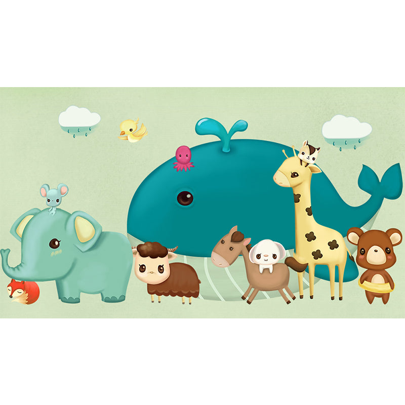 Illustration Cartoon Animals Wall Mural for Kids Bedroom, Pastel Color, Made to Measure Clearhalo 'Wall Decor' 'Wall Mural' 1648076