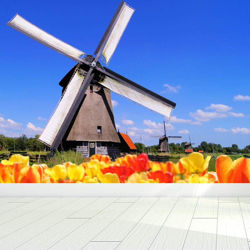 Large Static Windmill Mural Wallpaper Modern Landscape Wall Decor in Light Color Red Clearhalo 'Wall Decor' 'Wall Mural' 1648188