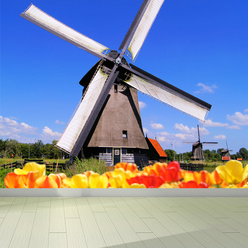 Large Static Windmill Mural Wallpaper Modern Landscape Wall Decor in Light Color Clearhalo 'Wall Decor' 'Wall Mural' 1648189