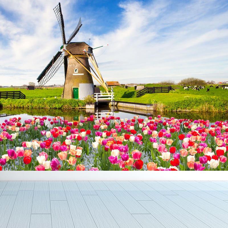 Large Static Windmill Mural Wallpaper Modern Landscape Wall Decor in Light Color Pink Clearhalo 'Wall Decor' 'Wall Mural' 1648203