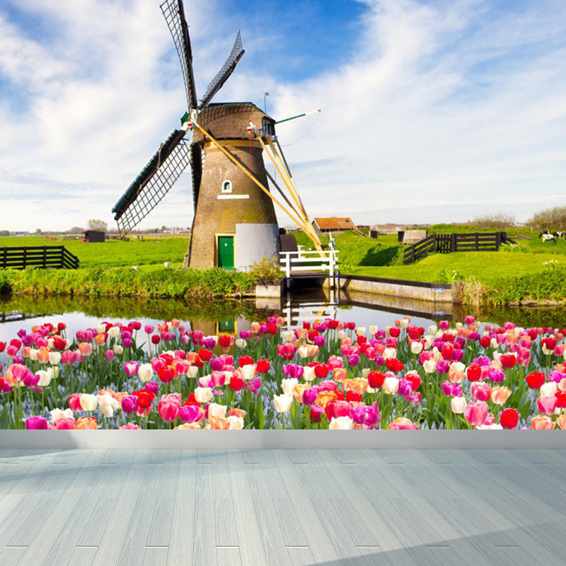 Large Static Windmill Mural Wallpaper Modern Landscape Wall Decor in Light Color Clearhalo 'Wall Decor' 'Wall Mural' 1648204