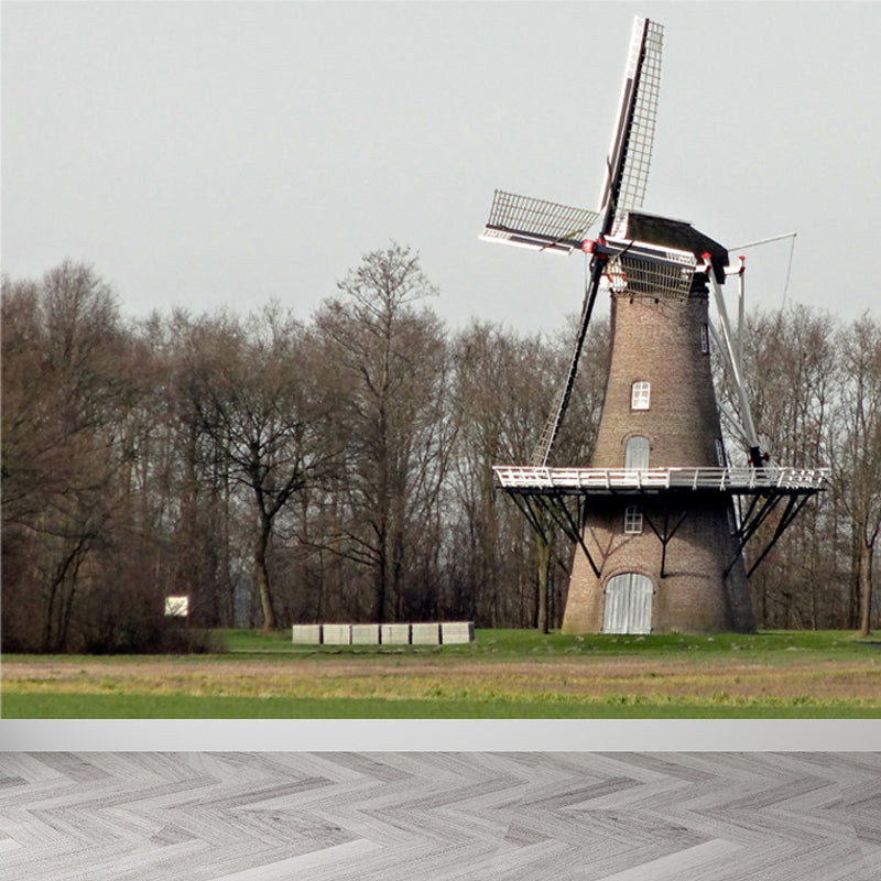 Large Static Windmill Mural Wallpaper Modern Landscape Wall Decor in Light Color Clearhalo 'Wall Decor' 'Wall Mural' 1648209