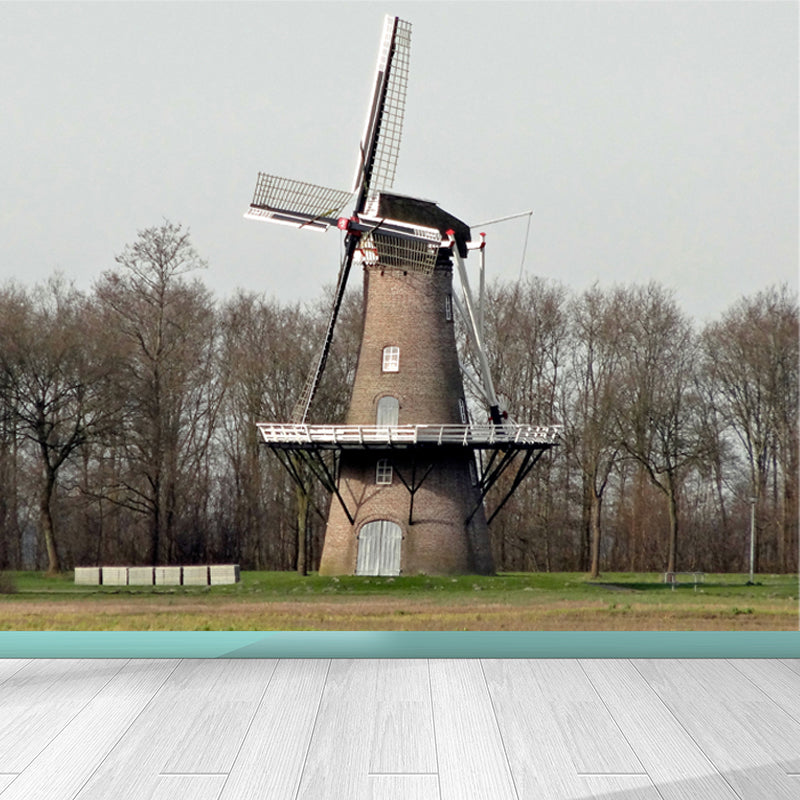 Large Static Windmill Mural Wallpaper Modern Landscape Wall Decor in Light Color Clearhalo 'Wall Decor' 'Wall Mural' 1648210