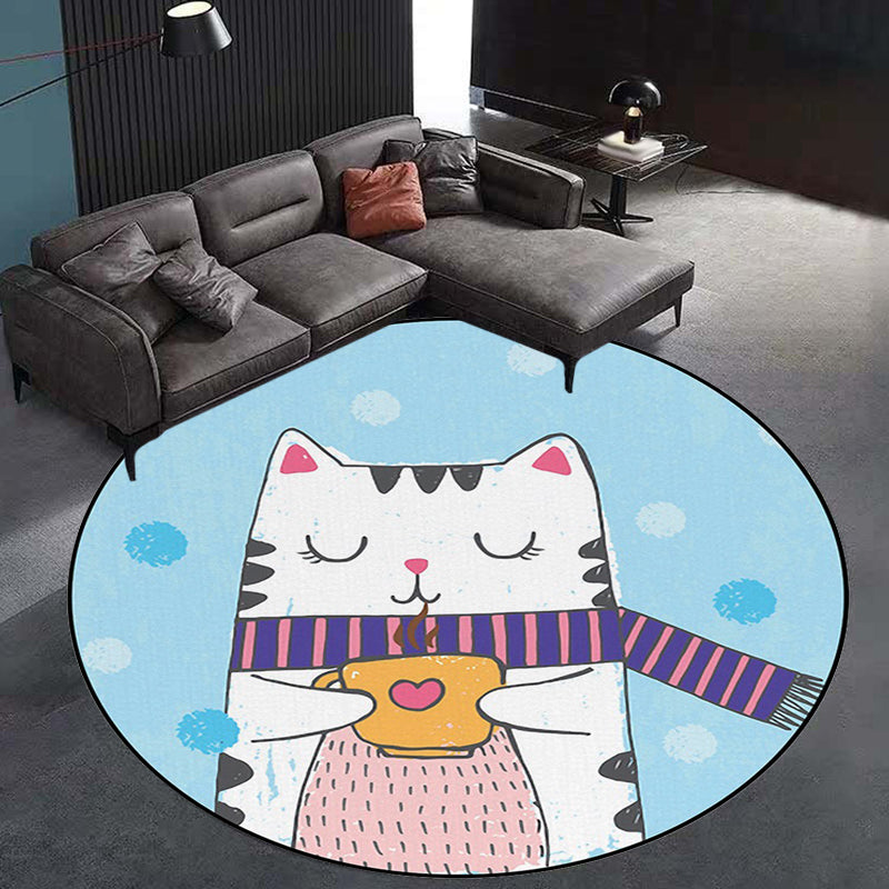 White and Blue Child's Room Rug Kids Animal Cat Dots Pattern Area Rug Polyester Pet Friendly Carpet Blue Clearhalo 'Area Rug' 'Rug' 1648472