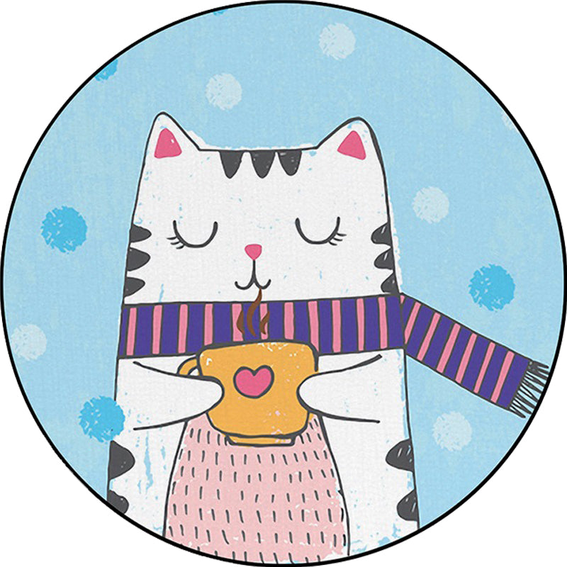 White and Blue Child's Room Rug Kids Animal Cat Dots Pattern Area Rug Polyester Pet Friendly Carpet Clearhalo 'Area Rug' 'Rug' 1648474