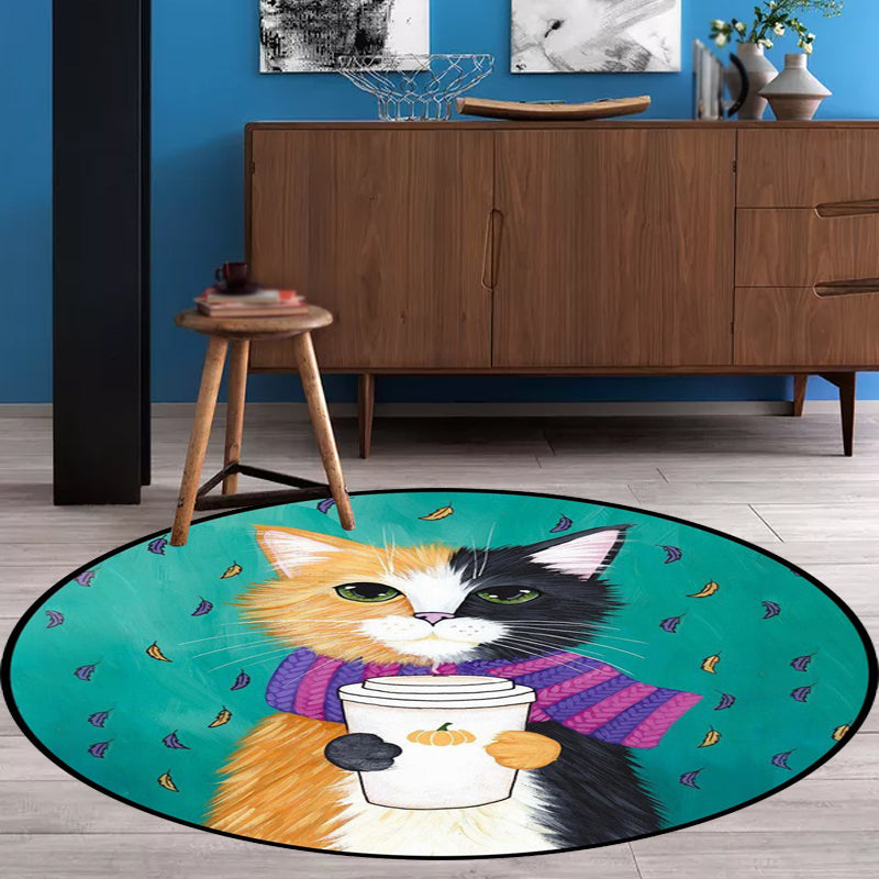 Blue and Green Child's Room Rug Kids Animal Dressed Cat Leaf Pattern Area Rug Polyester Washable Carpet Orange Clearhalo 'Area Rug' 'Rug' 1648475