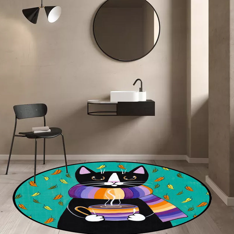 Blue and Green Child's Room Rug Kids Animal Dressed Cat Leaf Pattern Area Rug Polyester Washable Carpet Black Clearhalo 'Area Rug' 'Rug' 1648485