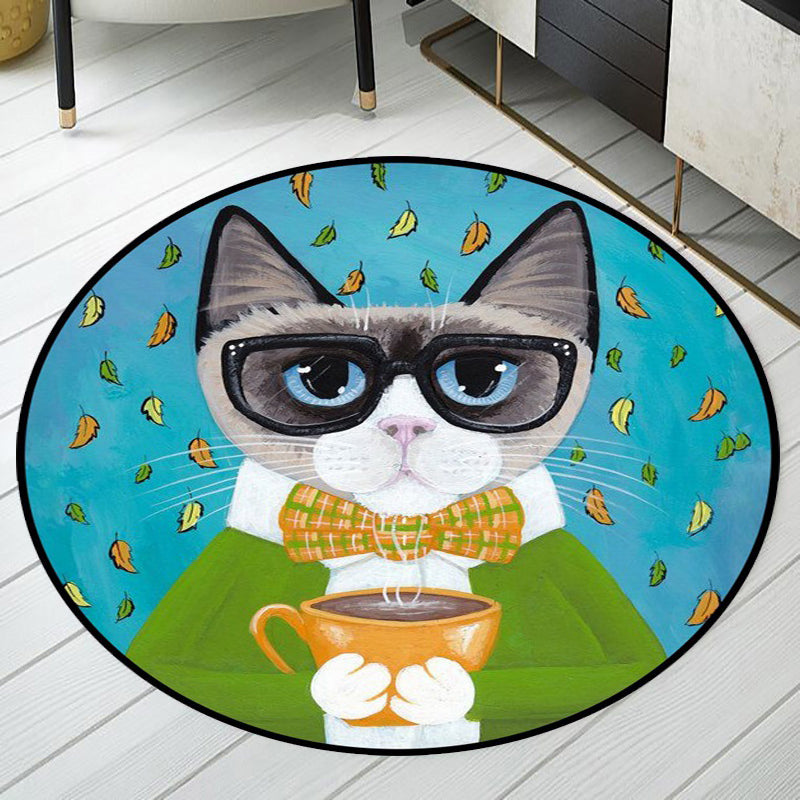 Blue and Green Child's Room Rug Kids Animal Dressed Cat Leaf Pattern Area Rug Polyester Washable Carpet Green Clearhalo 'Area Rug' 'Rug' 1648488