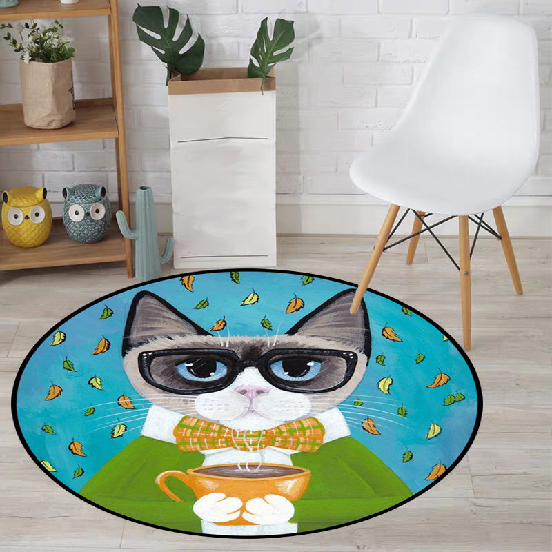 Blue and Green Child's Room Rug Kids Animal Dressed Cat Leaf Pattern Area Rug Polyester Washable Carpet Clearhalo 'Area Rug' 'Rug' 1648489