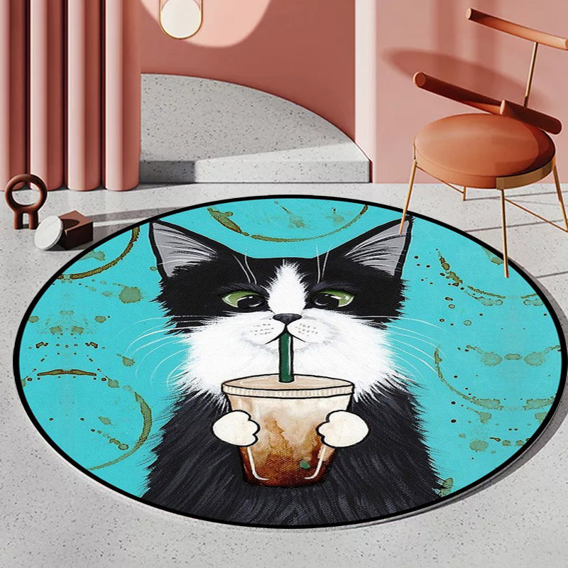 Blue and Green Child's Room Rug Kids Animal Dressed Cat Leaf Pattern Area Rug Polyester Washable Carpet Clearhalo 'Area Rug' 'Rug' 1648491