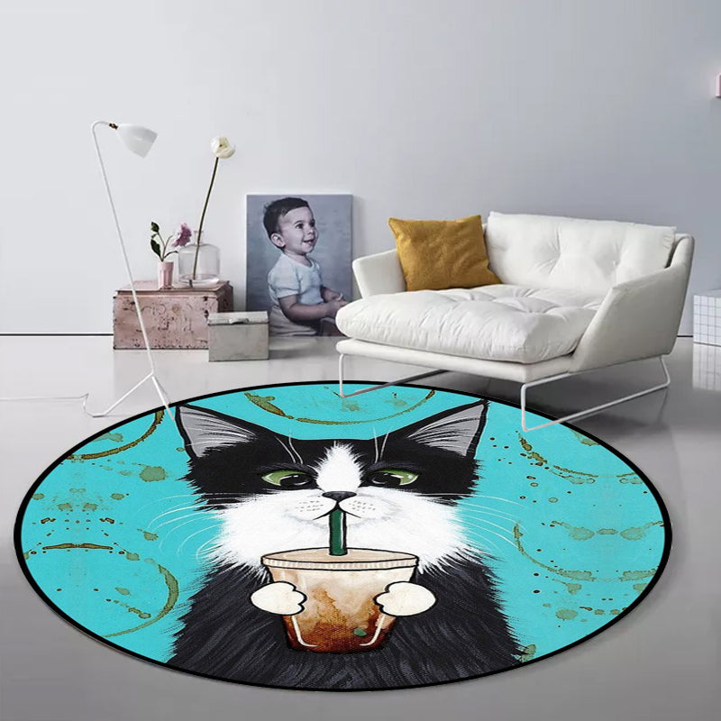 Blue and Green Child's Room Rug Kids Animal Dressed Cat Leaf Pattern Area Rug Polyester Washable Carpet Clearhalo 'Area Rug' 'Rug' 1648492