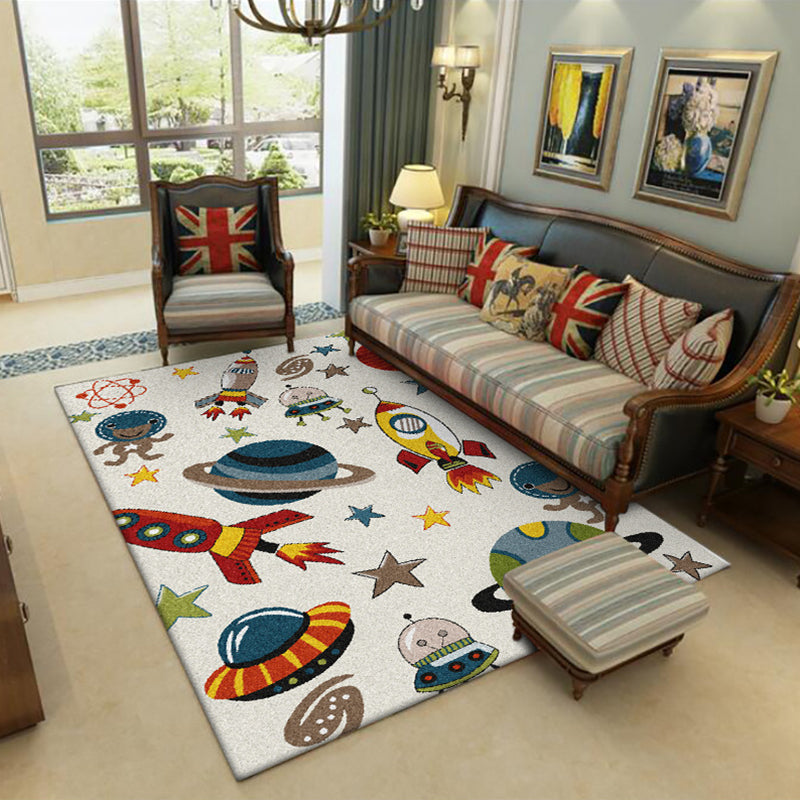 Ivory Child's Room Rug Kids Outer Space Planet Star Rocket Pattern Area Rug Polyester Pet Friendly Carpet White Clearhalo 'Area Rug' 'Rug' 1648744