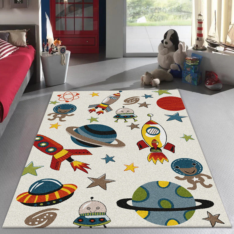 Ivory Child's Room Rug Kids Outer Space Planet Star Rocket Pattern Area Rug Polyester Pet Friendly Carpet Clearhalo 'Area Rug' 'Rug' 1648745
