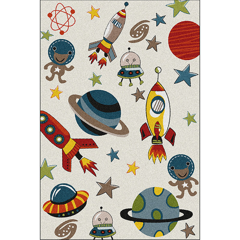 Ivory Child's Room Rug Kids Outer Space Planet Star Rocket Pattern Area Rug Polyester Pet Friendly Carpet Clearhalo 'Area Rug' 'Rug' 1648746