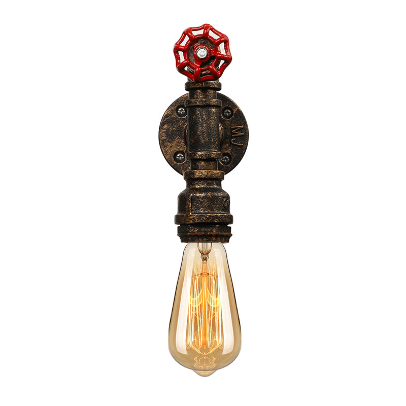 Metallic Bronze Wall Sconce Light Water Pipe 1 Light Farmhouse Wall Lighting with Red Valve Clearhalo 'Art deco wall lights' 'Cast Iron' 'Glass' 'Industrial wall lights' 'Industrial' 'Middle century wall lights' 'Modern' 'Rustic wall lights' 'Tiffany' 'Traditional wall lights' 'Wall Lamps & Sconces' 'Wall Lights' Lighting' 164879