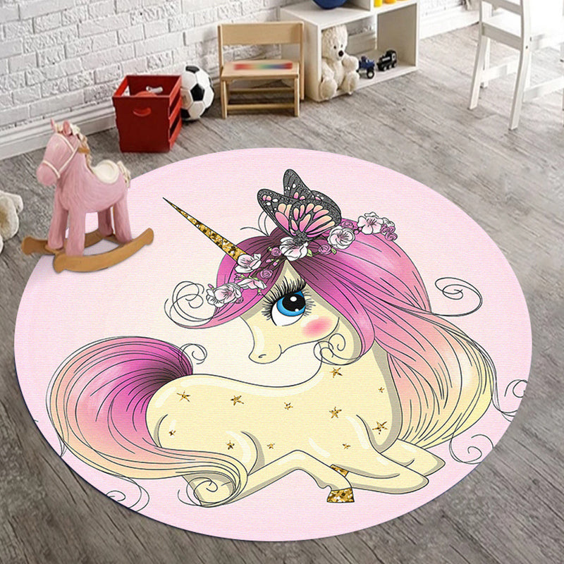 Kids Bedroom Rug in Pink Animal Unicorn Butterfly Floral Print Rug Polyester Anti-Slip Backing Area Rug Pink Clearhalo 'Area Rug' 'Rug' 1648830