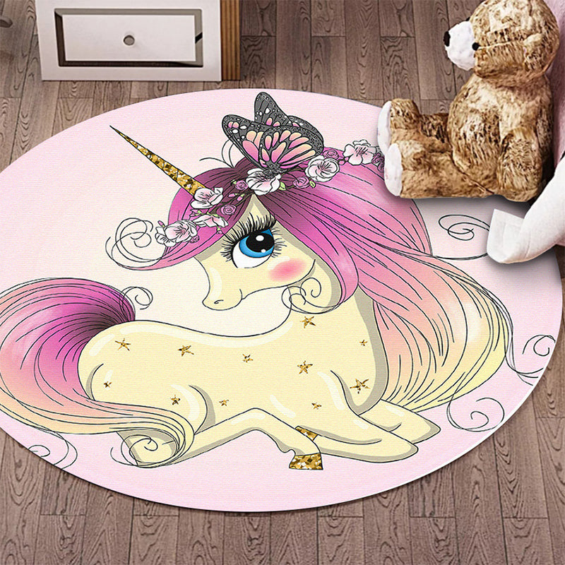 Kids Bedroom Rug in Pink Animal Unicorn Butterfly Floral Print Rug Polyester Anti-Slip Backing Area Rug Clearhalo 'Area Rug' 'Rug' 1648831