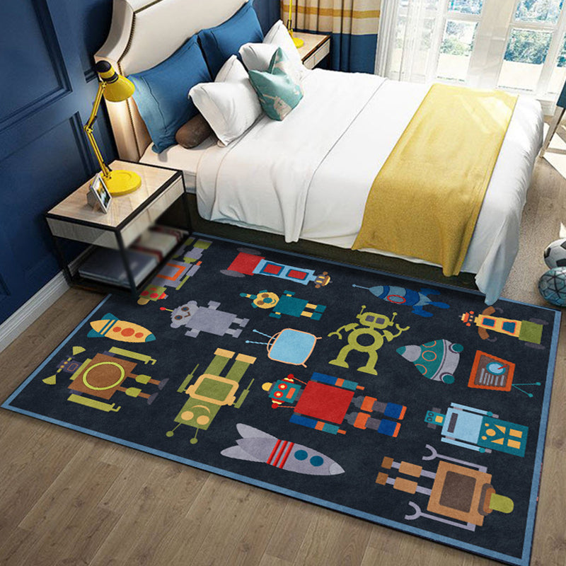 Unique Kids Rug in Blue Outer Space Robot Rocket Pattern Rug Polyester Non-Slip Backing Carpet for Nursery Dark Blue Clearhalo 'Area Rug' 'Rug' 1649169