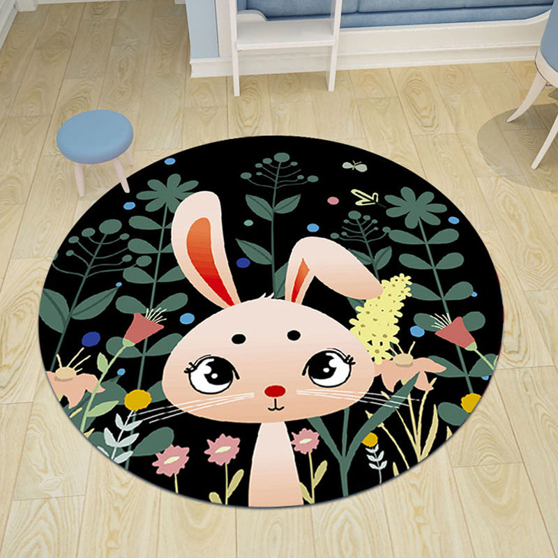 Black and Pink Nursery Rug Kids Animal Lion Rabbit Flamingo Pattern Area Rug Polyester Stain-Resistant Carpet Black Clearhalo 'Area Rug' 'Rug' 1649278