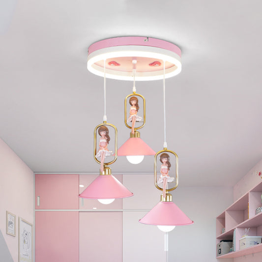 Metallic Bell Pendant Light Kit Cartoon 3 Bulb Hanging Lamp with Girl Decor in Pink Clearhalo 'Ceiling Lights' 'Pendant Lights' 'Pendants' Lighting' 1649365