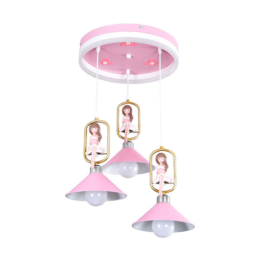 Metallic Bell Pendant Light Kit Cartoon 3 Bulb Hanging Lamp with Girl Decor in Pink Clearhalo 'Ceiling Lights' 'Pendant Lights' 'Pendants' Lighting' 1649366