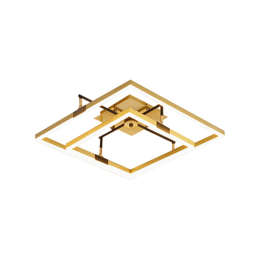 Gold 2-Square Frame Semi Flush Light Modernist LED Metallic Flush Mount Lamp in Warm/White Light, 19.5"/23.5" Width Clearhalo 'Ceiling Lights' 'Close To Ceiling Lights' 'Close to ceiling' 'Semi-flushmount' Lighting' 1649374