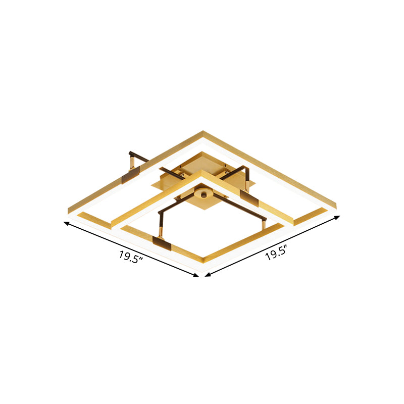 Gold 2-Square Frame Semi Flush Light Modernist LED Metallic Flush Mount Lamp in Warm/White Light, 19.5"/23.5" Width Clearhalo 'Ceiling Lights' 'Close To Ceiling Lights' 'Close to ceiling' 'Semi-flushmount' Lighting' 1649375