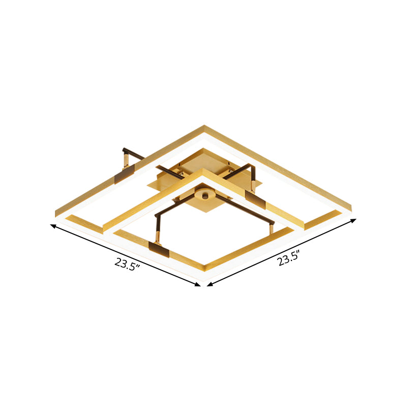 Gold 2-Square Frame Semi Flush Light Modernist LED Metallic Flush Mount Lamp in Warm/White Light, 19.5"/23.5" Width Clearhalo 'Ceiling Lights' 'Close To Ceiling Lights' 'Close to ceiling' 'Semi-flushmount' Lighting' 1649376