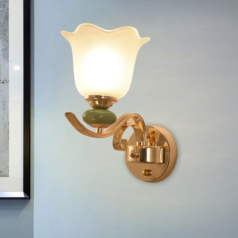 Floral Bedside Wall Lighting Retro Style Milky Glass 1/2-Light Gold Wall Mounted Lamp with Scroll Arm 1.0 Gold Clearhalo 'Wall Lamps & Sconces' 'Wall Lights' Lighting' 1649391