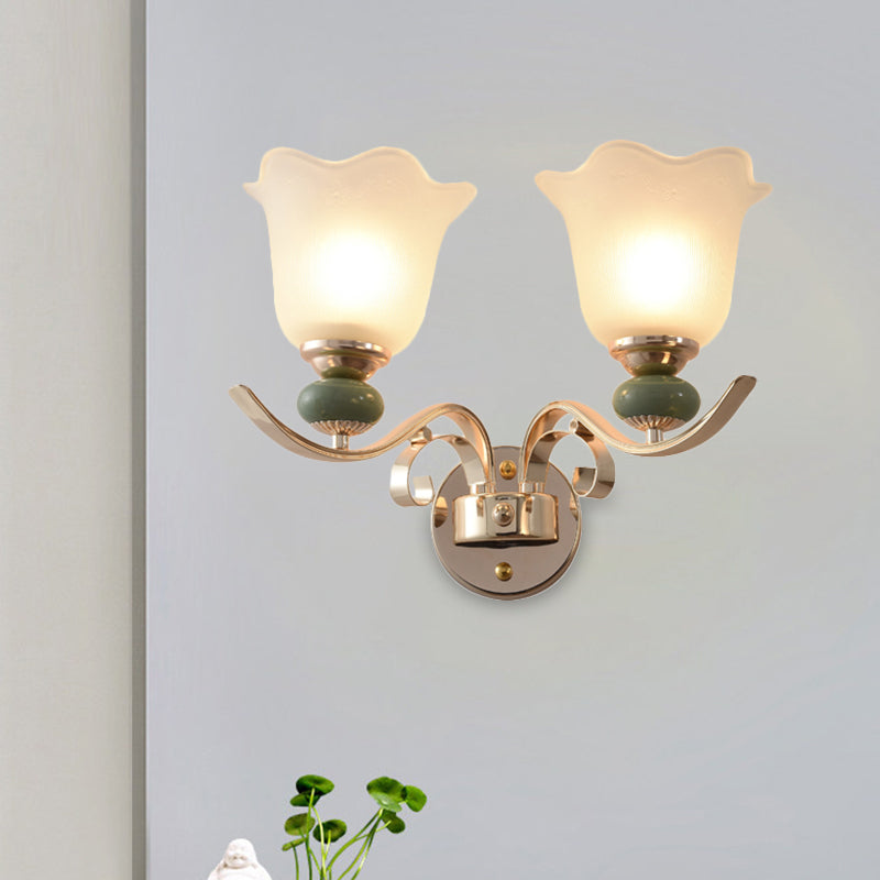 Floral Bedside Wall Lighting Retro Style Milky Glass 1/2-Light Gold Wall Mounted Lamp with Scroll Arm 2.0 Gold Clearhalo 'Wall Lamps & Sconces' 'Wall Lights' Lighting' 1649395