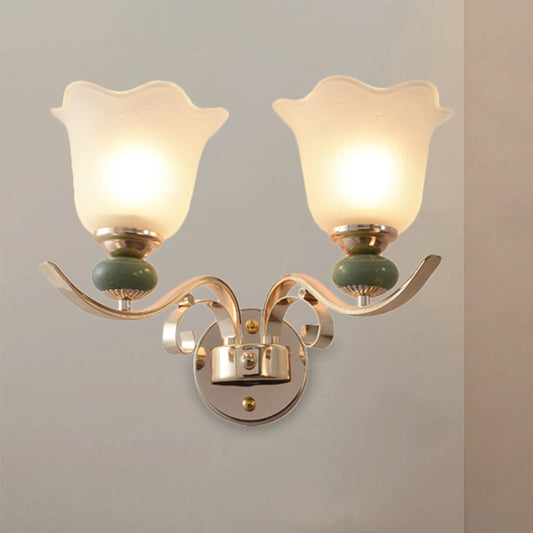 Floral Bedside Wall Lighting Retro Style Milky Glass 1/2-Light Gold Wall Mounted Lamp with Scroll Arm Clearhalo 'Wall Lamps & Sconces' 'Wall Lights' Lighting' 1649396