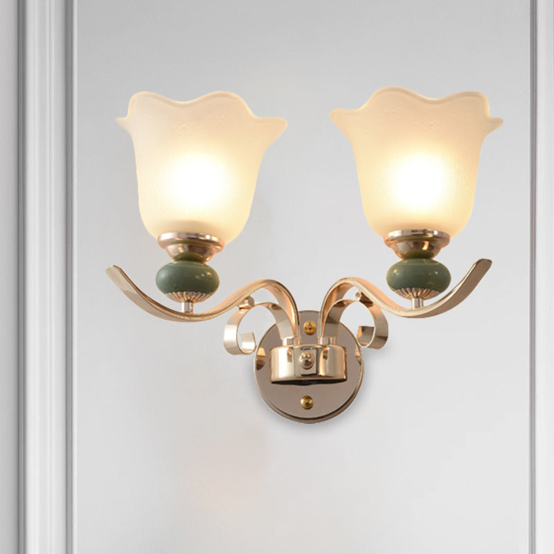 Floral Bedside Wall Lighting Retro Style Milky Glass 1/2-Light Gold Wall Mounted Lamp with Scroll Arm Clearhalo 'Wall Lamps & Sconces' 'Wall Lights' Lighting' 1649397