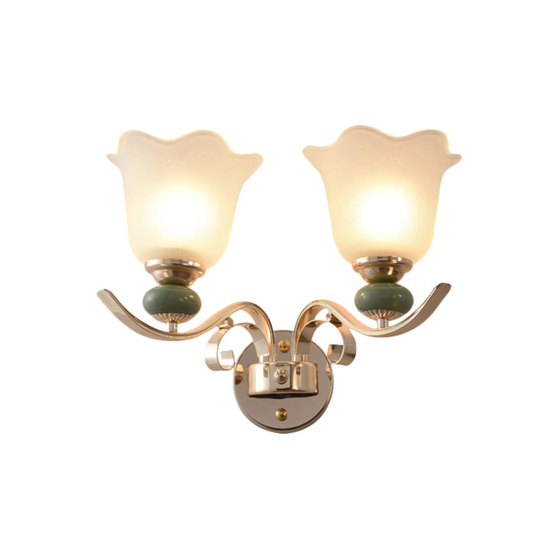 Floral Bedside Wall Lighting Retro Style Milky Glass 1/2-Light Gold Wall Mounted Lamp with Scroll Arm Clearhalo 'Wall Lamps & Sconces' 'Wall Lights' Lighting' 1649398