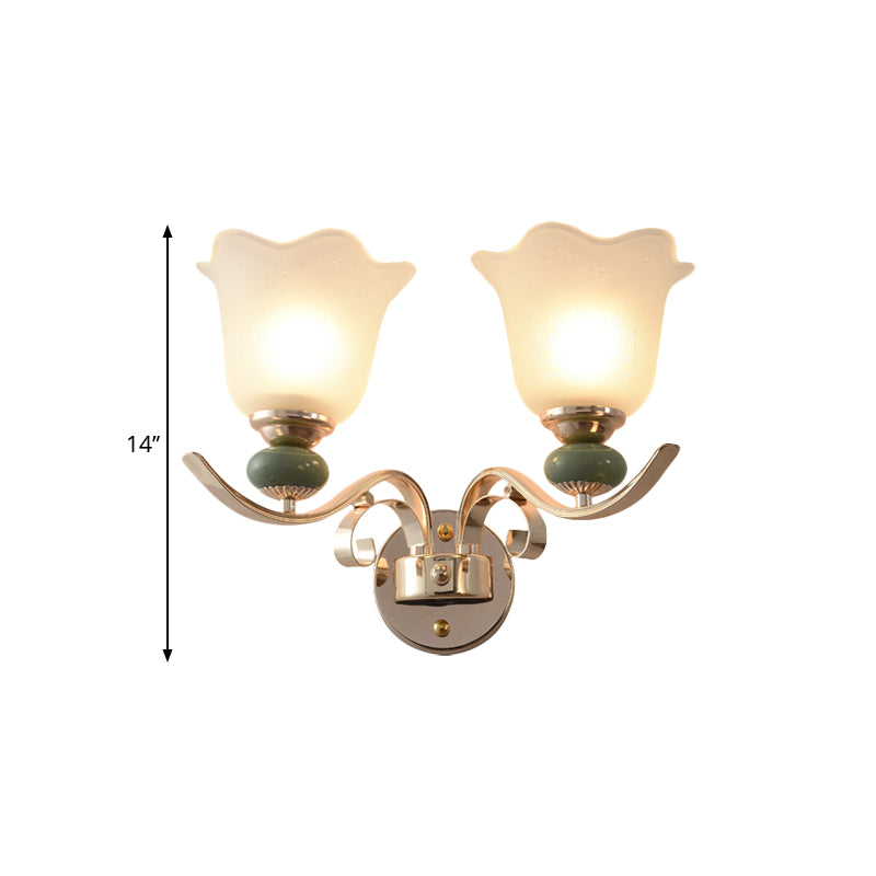 Floral Bedside Wall Lighting Retro Style Milky Glass 1/2-Light Gold Wall Mounted Lamp with Scroll Arm Clearhalo 'Wall Lamps & Sconces' 'Wall Lights' Lighting' 1649399