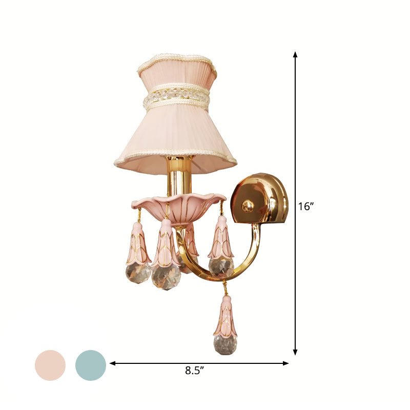 Cone Wall Mount Light Kids Fabric 1-Bulb Pink/Blue Wall Mounted Lamp with Faceted Crystal Orbit Decor Clearhalo 'Wall Lamps & Sconces' 'Wall Lights' Lighting' 1649403