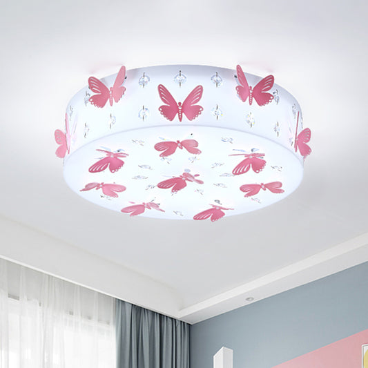 Round Flush Light Fixture Cartoon Fabric LED Pink Flush Mount with Dragonfly Decor in Warm/White Light Pink Clearhalo 'Ceiling Lights' 'Close To Ceiling Lights' 'Close to ceiling' 'Flush mount' Lighting' 1649424