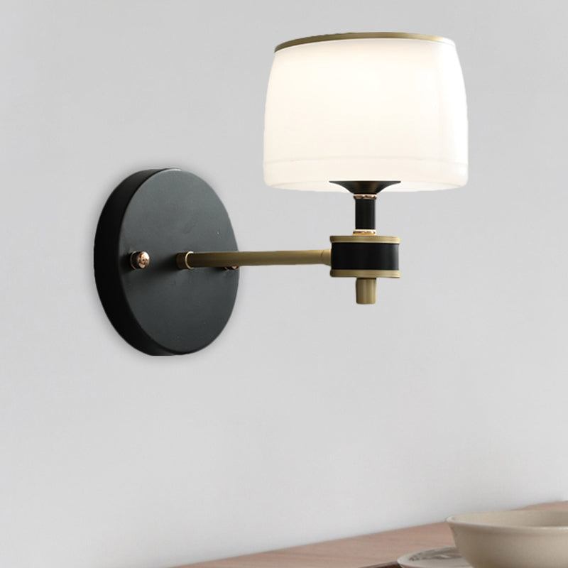 Barrel Adult Bedroom Wall Light Farmhouse White Glass 1 Bulb Black Wall Sconce Lighting Black Clearhalo 'Wall Lamps & Sconces' 'Wall Lights' Lighting' 1649451