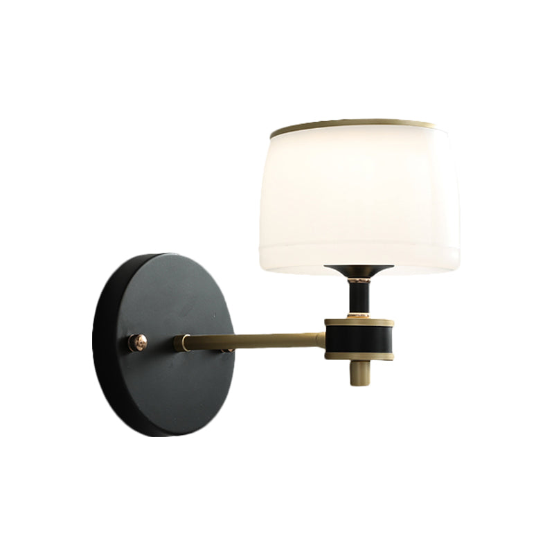 Barrel Adult Bedroom Wall Light Farmhouse White Glass 1 Bulb Black Wall Sconce Lighting Clearhalo 'Wall Lamps & Sconces' 'Wall Lights' Lighting' 1649453