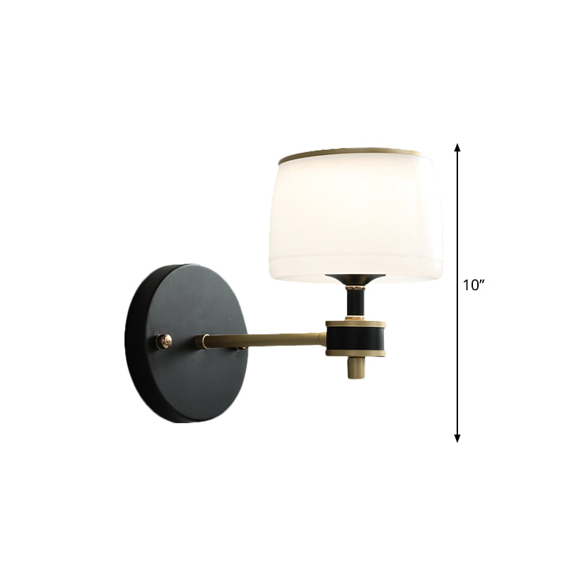 Barrel Adult Bedroom Wall Light Farmhouse White Glass 1 Bulb Black Wall Sconce Lighting Clearhalo 'Wall Lamps & Sconces' 'Wall Lights' Lighting' 1649454