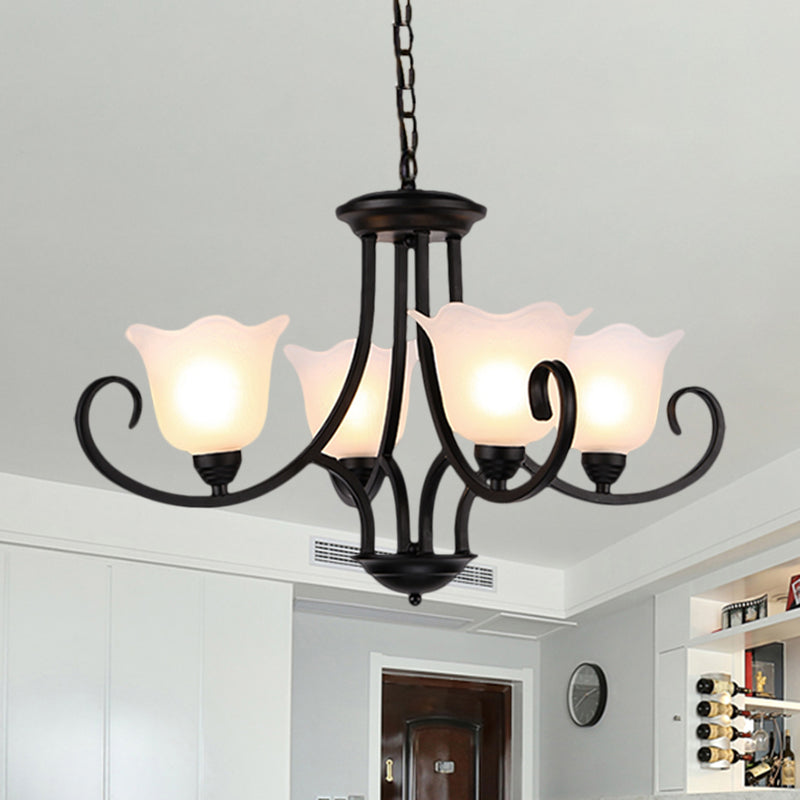 Black 4/6/8-Bulb Ceiling Chandelier Warehouse Frosted Glass Flower Hanging Light Kit with Scroll Arm Clearhalo 'Ceiling Lights' 'Chandeliers' Lighting' options 1649514