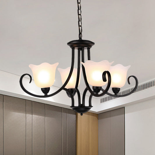 Black 4/6/8-Bulb Ceiling Chandelier Warehouse Frosted Glass Flower Hanging Light Kit with Scroll Arm Clearhalo 'Ceiling Lights' 'Chandeliers' Lighting' options 1649516