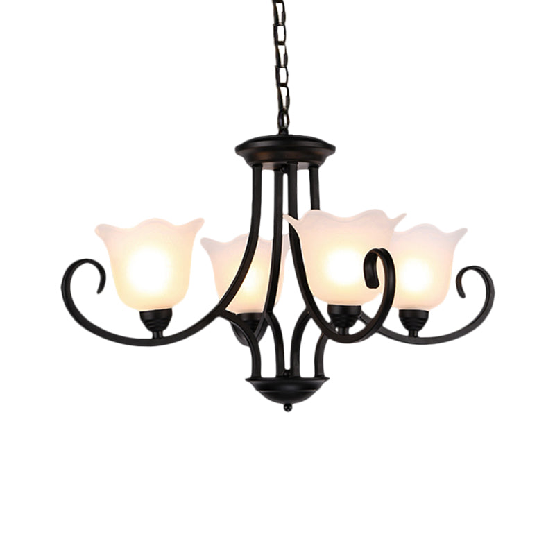 Black 4/6/8-Bulb Ceiling Chandelier Warehouse Frosted Glass Flower Hanging Light Kit with Scroll Arm Clearhalo 'Ceiling Lights' 'Chandeliers' Lighting' options 1649517