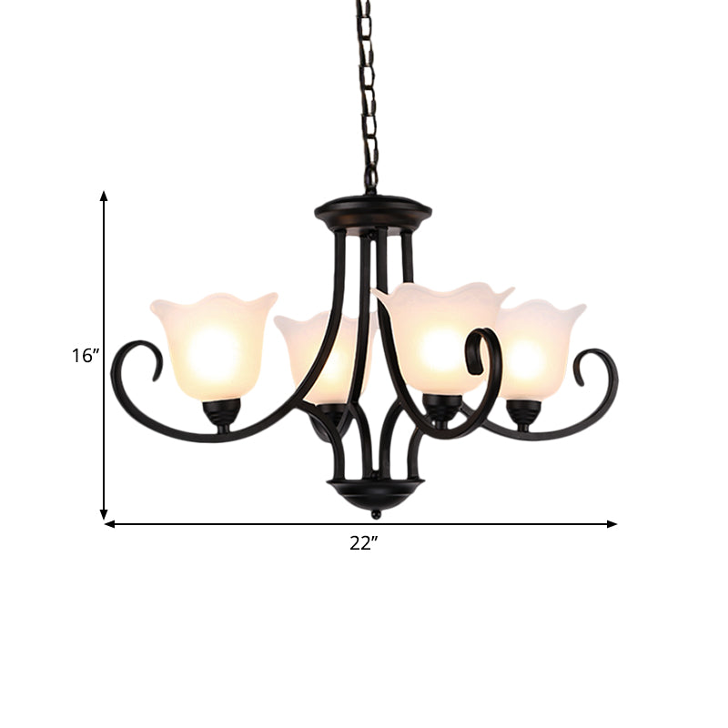 Black 4/6/8-Bulb Ceiling Chandelier Warehouse Frosted Glass Flower Hanging Light Kit with Scroll Arm Clearhalo 'Ceiling Lights' 'Chandeliers' Lighting' options 1649518