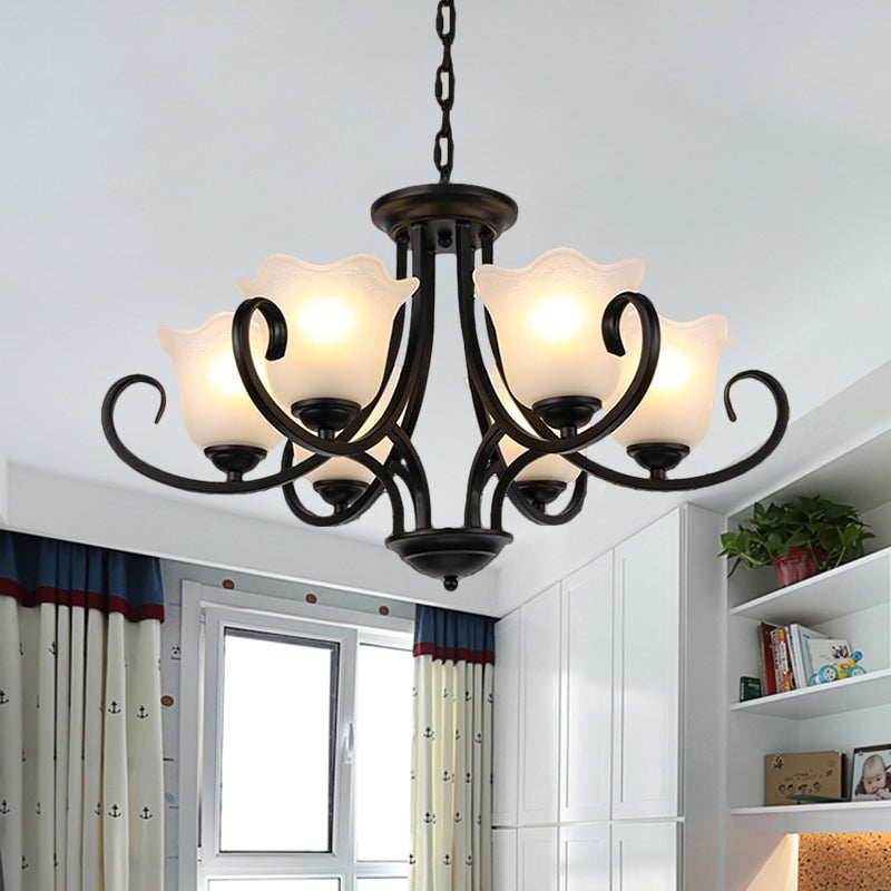 Black 4/6/8-Bulb Ceiling Chandelier Warehouse Frosted Glass Flower Hanging Light Kit with Scroll Arm Clearhalo 'Ceiling Lights' 'Chandeliers' Lighting' options 1649519